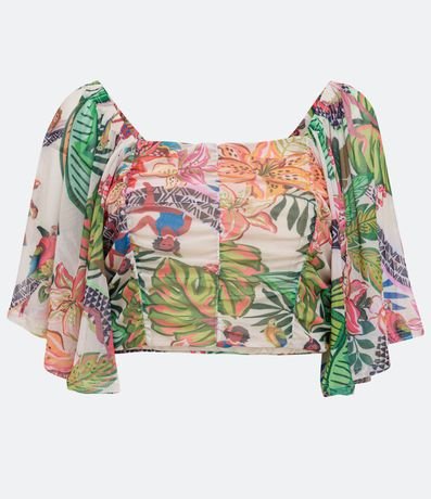 Blusa Corta en Tul con Estampado de Hojas y Manga Abullonada 5