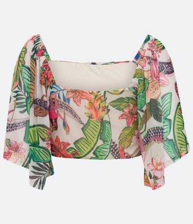Blusa Corta en Tul con Estampado de Hojas y Manga Abullonada 6
