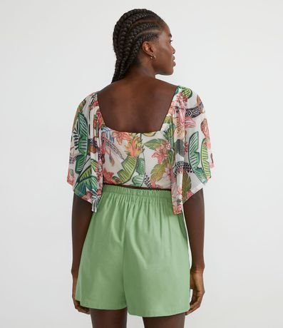 Blusa Corta en Tul con Estampado de Hojas y Manga Abullonada 2