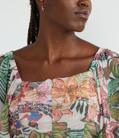 Blusa Corta en Tul con Estampado de Hojas y Manga Abullonada 3
