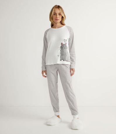 Pijama Largo en Tejido de Punto con Bordado de Gato 1