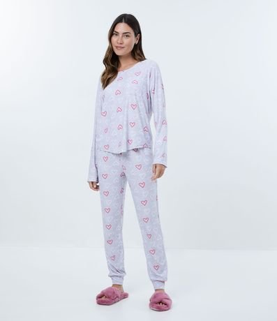 Pijama Largo con Estampado de Corazones y Bolsinho Frontal 1