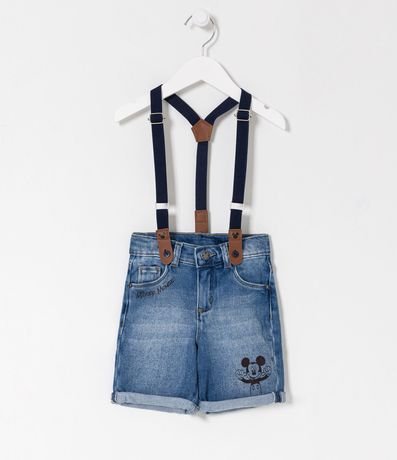 Bermuda Infantil Jean con Estampado Mickey y Tirantes - Tam 1 a 5 años