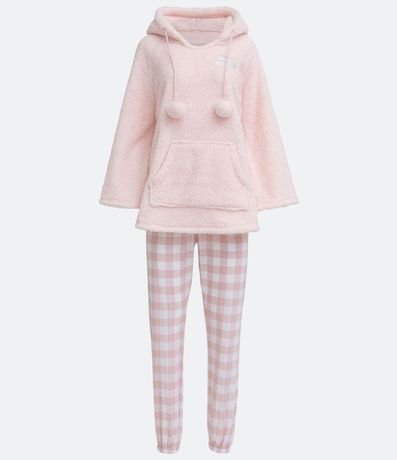 Pijama Largo en Fleece Blusa con Capucha y Pantalón Cuadrillé 1