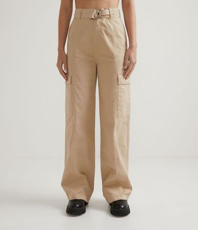 Pantalón Wide Leg en Sarga con Bolsillo Utilitario y Cinturón con Hebilla Medio Aro 1