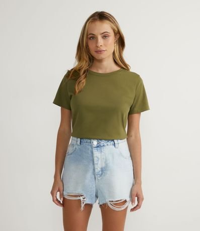 Blusa Alargada Básica en Algodón con Cuello Redondo y Manga Corta