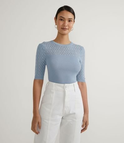 Blusa Manga Corta en Tejido de Punto con Detalles Huecos