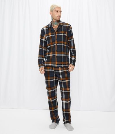 Pijama Camisa en Tejido de Punto Manga Larga con Estampado Cuadrillé 2