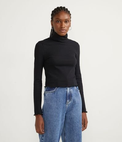 Blusa en Algodón Acanalado con Cuello Alto y Manga Larga