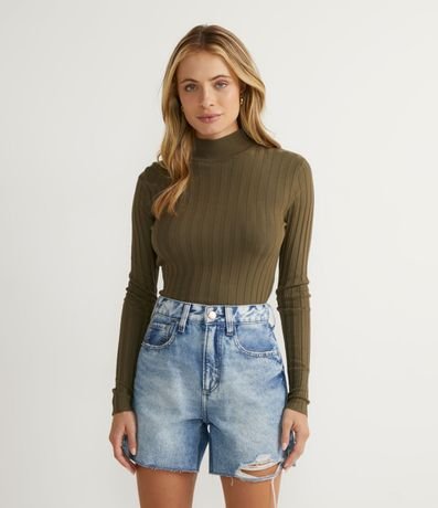 Blusa de Punto Acanalado con Cuello Alto y Manga Larga