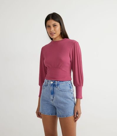 Blusa en Ribana con Cuello Alto y Manga Larga Abullonada 1