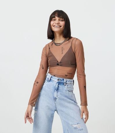 Blusa Cropped en Tul con Estampados de Tatuajes 1