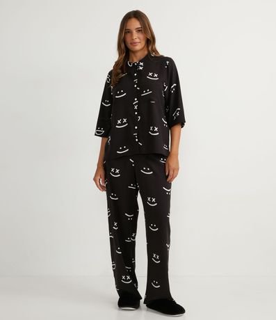 Pijama Americano Largo en Viscosa con Estampado de Caritas 1