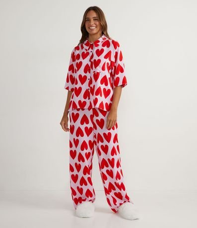 Pijama Americano Largo en Viscosa con Estampado de Corazones 1