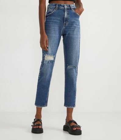 Pantalón Recto Jeans con Cintura Alta y Desgastes en las Rodillas 1