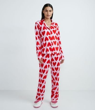 Pijama Americano Largo en Viscolycra con Estampado de Corazón 1