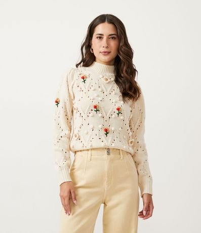 Suéter Cuello Alto con Bordados de Flores y Ponpón 1