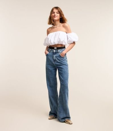 Pantalón Wide Leg Jeans con Cintura Alta y Pespuntos Contrastantes