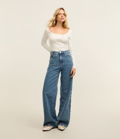 Pantalón Wide Leg Jeans con Cintura Alta y Pespontos Contrastantes 2
