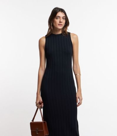 Vestido Midi en Viscosa con Cuello Alto Básico y Acanalado 2
