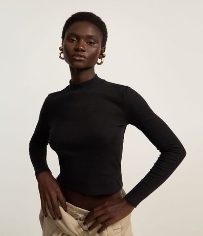 Blusa en Algodón Manga Larga y Cuello Alto