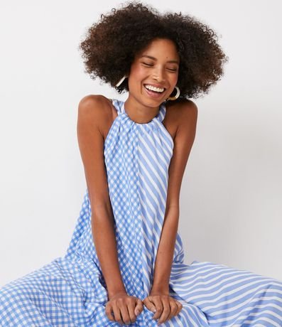 Vestido en Viscolino con Estampado Mix de Cuadros Vichy y Rayas 3