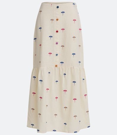 Pollera New Midi en Lino con Recorte Fruncido y Estampado Guarda-Sóis