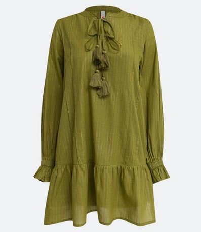 Vestido Corto en Algodón con Lazo con Flecos y Hilos a Contraste 6