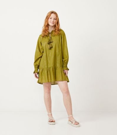 Vestido Corto en Algodón con Lazo con Flecos y Hilos a Contraste 2