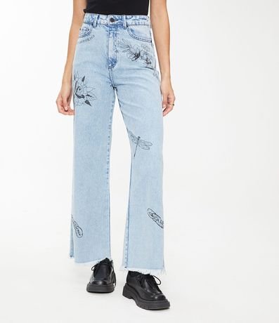 Pantalón Años 90 en Jeans con Mix de Estampados y Barra Deshilachada 1