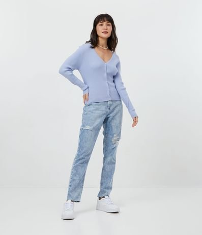 Pantalón Mom Jeans con Desgastes y Barra Cortada a Hilo 1