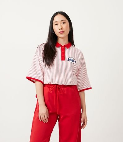 Blusa Cropped en Punto Piqué Rayado con Cuello Polo