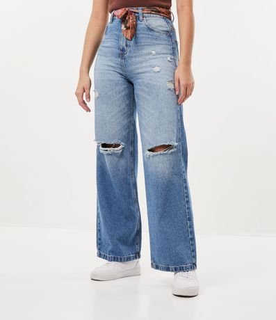 Pantalón Wide Leg en Jeans con Desgastes y Cinturón Pañuelo 1