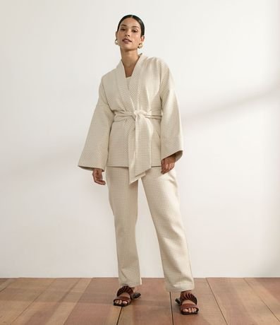 Kimono en Algodón de Cuadros Pied-de-poule con Cinturón 1