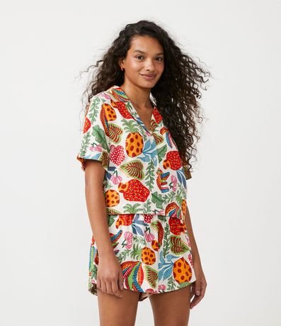 Camisa en Viscosa con Manga Corta y Estampado Tropical Flores y Frutas 1
