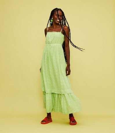 Vestido Largo en Algodón Texturizado con Tirantes Finos y Fruncidos 1