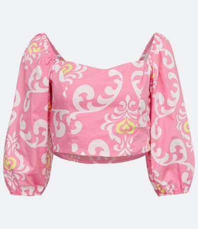 Blusa Corta en Tricolina con Estampado Étnico y Manga Abullonada 5