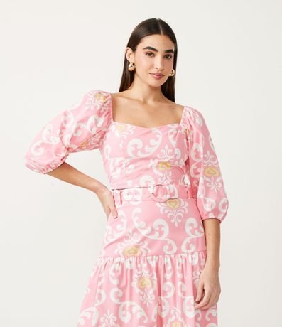 Blusa Corta en Tricolina con Estampado Étnico y Manga Abullonada 2