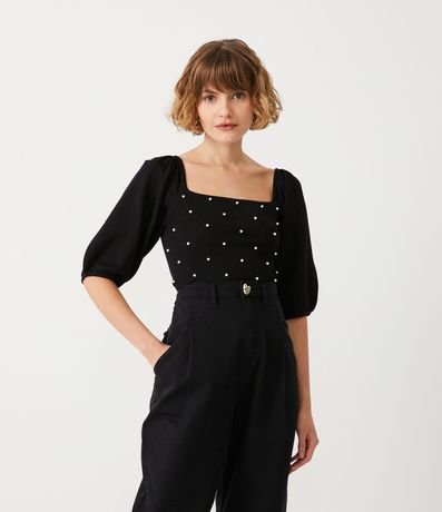 Blusa de Punto con Perlas Bordadas y Manga Abullonada 1