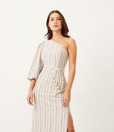 Vestido Midi en Viscolino de un Hombro y Estampado de Rayas 3