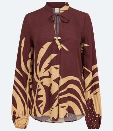Blusa bata en Viscolino con lazo na Cuello y Estampado Follaje 6