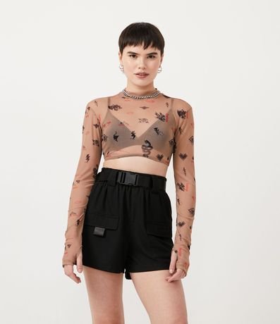 Blusa Cropped en Tul con Estampado de Mini Tattoos 1