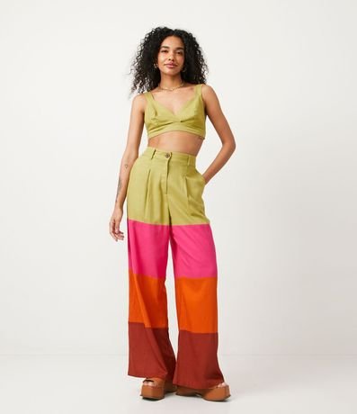 Pantalón Modelo Pantalona en Lino con Bloques de colores contrastantes 1