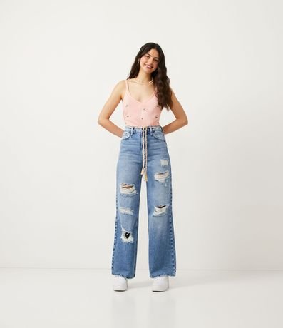 Pantalón Wide Leg en Jeans con Cinturón-Cordón y Rasgones 1
