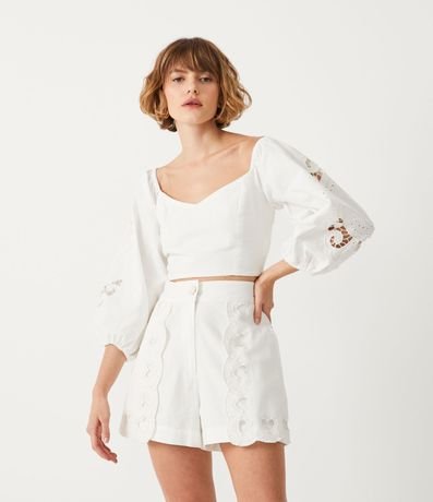 Blusa Corta en Algodón con Bordado y Manga Abullonada 2