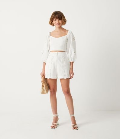 Blusa Corta en Algodón con Bordado y Manga Abullonada 3