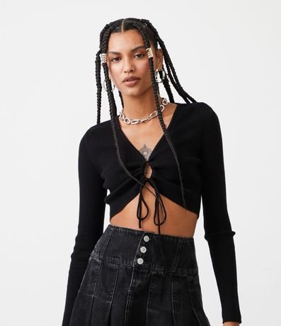 Blusa Cropped en Viscosa Acanalada con Manga Larga y Cutout 1