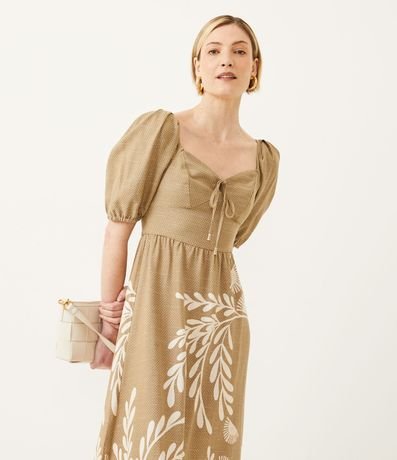 Vestido New Midi en Lino con Manga 3/4 y Estampado de Follaje 3