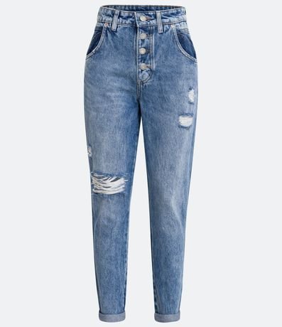 Pantalón Mom Cintura Alta en Jeans con Rasgos y Barra Doblada 6