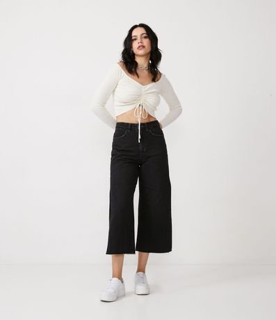 Blusa Cropped de Punto Acanalado con Escote Ombro a Ombro y Manga Larga 2